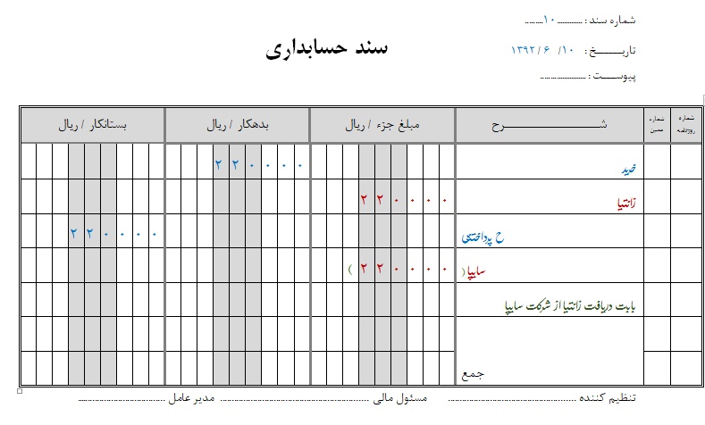 مثال سند حسابداری 