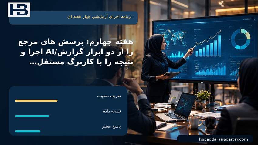 تصویر برنامه اجرای آزمایشی چهار هفته‌ای؛ هفته چهارم: پرسش‌های مرجع را از دو ابزار گزارش/AI اجرا و نتیجه را