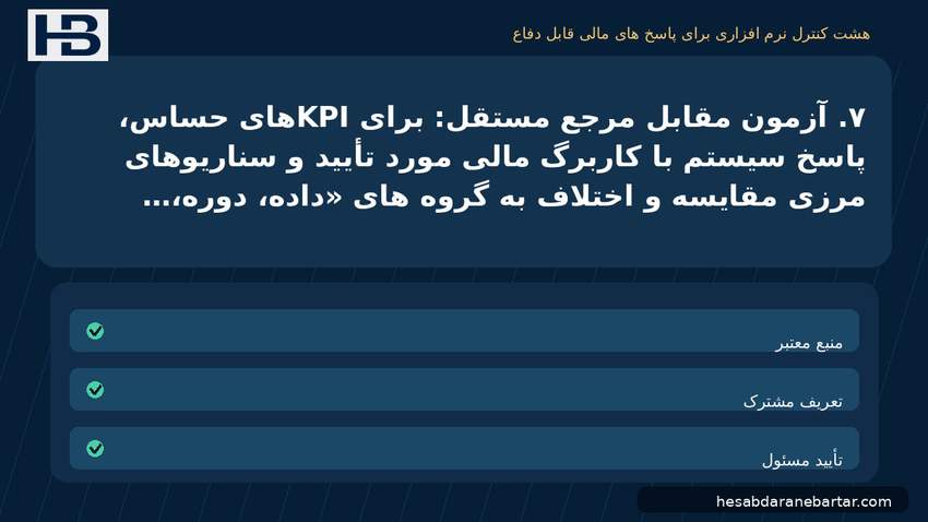 تصویر هشت کنترل نرم‌افزاری برای پاسخ‌های مالی قابل دفاع؛ ۷. آزمون مقابل مرجع مستقل: برای KPIهای حساس، پاسخ سیستم با کاربرگ مالی