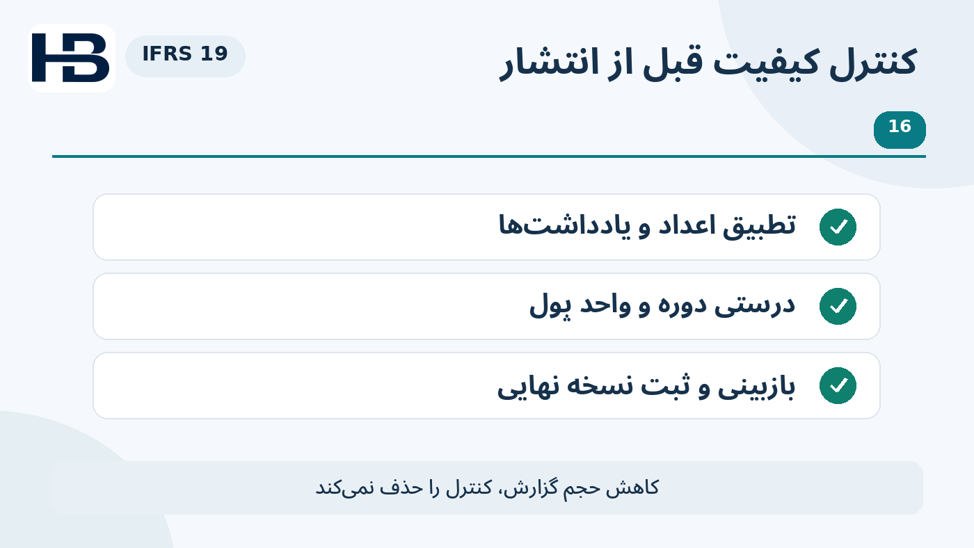 نمودار آموزشی کنترل کیفیت گزارش؛ تطبیق عدد و یادداشت و بررسی دوره و واحد پول