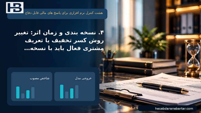 تصویر هشت کنترل نرم‌افزاری برای پاسخ‌های مالی قابل دفاع؛ ۴. نسخه‌بندی و زمان اثر: تغییر روش کسر تخفیف یا تعریف مشتری فعال