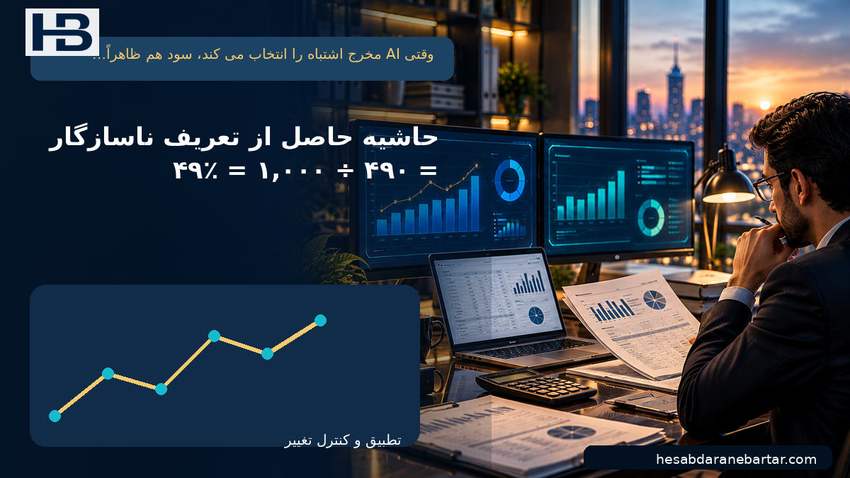 تصویر وقتی AI مخرج اشتباه را انتخاب می‌کند، سود هم ظاهراً تغییر می‌کند؛ حاشیه حاصل از تعریف ناسازگار = ۴۹۰ ÷ ۱٬۰۰۰ = ۴۹٪