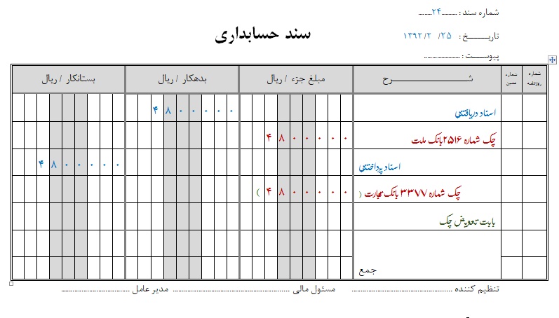 نمونه سند حسابداری 