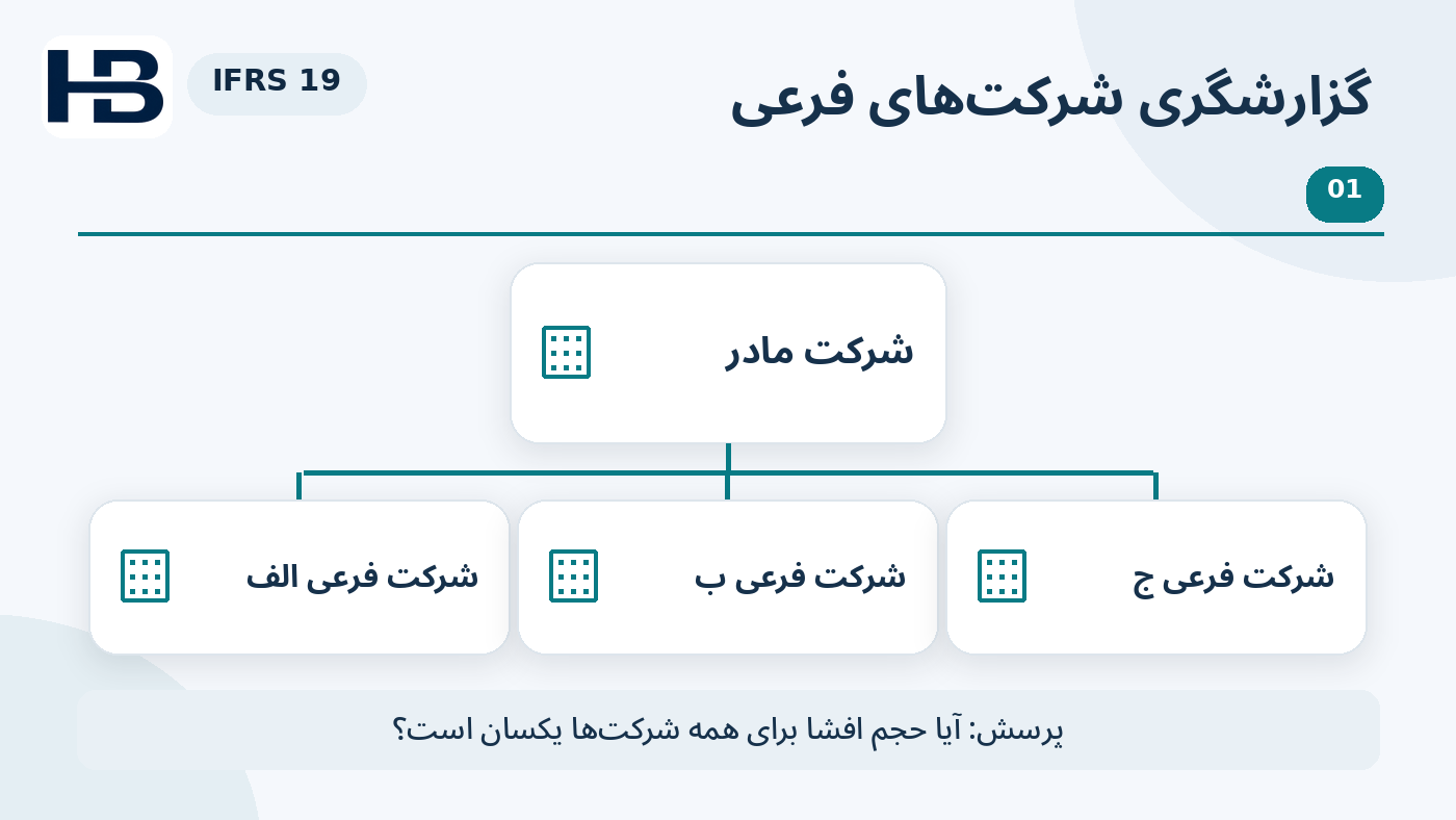 نمودار آموزشی صورت‌های مالی گروه؛ شرکت مادر و چند شرکت فرعی و پرسش: حجم افشا برای هر شرکت یکسان است؟